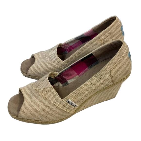 Toms Womens Size 7 Open Toe Striped Fabric High Heel Wedge Casual Shoes - Picture 2 of 5